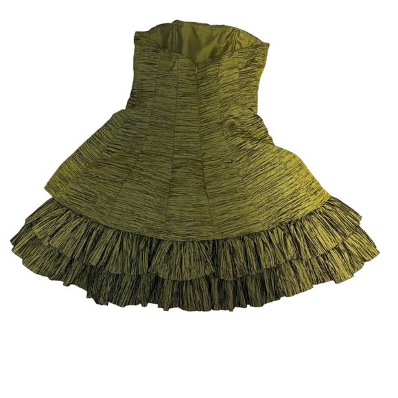 Morgan & Co. Strapless Ruched Ruffle Dress | Olive Green | Size 3/4 - Picture 3 of 5